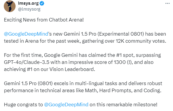新王登基，新王新超gemini 1.5 pro再度更新，登基度更超越gpt 4o和claude-3.5
