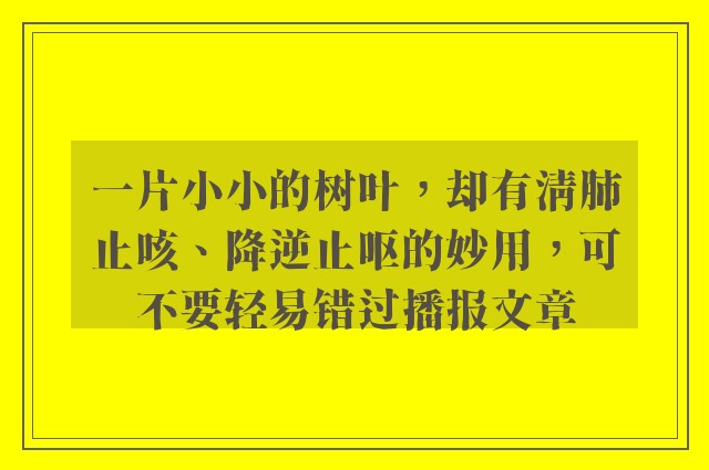 一片小小的树叶，却有清肺止咳、降逆止呕的妙用，可不要轻易错过播报文章