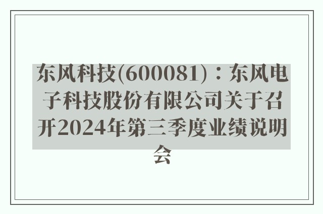 东风科技(600081)：东风电子科技股份有限公司关于召开2024年第三季度业绩说明会